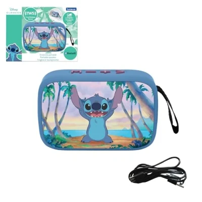 Image of Lexibook, Disney Stitch, Portable Bluetooth Speaker, Wireless, USB C, SD/TF Card, Rechargeable Battery, Blue, BT018D
