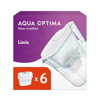 Image of Aqua Optima Liscia Filter Jug &amp; 6 x 30 Day Evolve+ Water Cartridges, 2.5 Litre Capacity, for Reduction of Microplastics, Chlorine, Limescale and Impurities, White