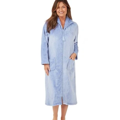 Image of Marlon Womens Serena Zip Front Embossed Fleece Housecoat Up Bath Robe, Blue, 16 18