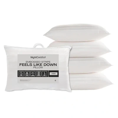Image of Night Comfort Satin Stripe White Pillow Hypoallergenic Firm Support, Microfibre Pillows for Side Sleepers, Filled with Bouncy Hollowfibre, Big Bed (Pack of 4)