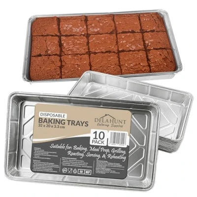 Image of Delahunt Catering Supplies 10 Pack Disposable Aluminium Foil Baking Trays, Tray Bakes, Containers for Baking, Roasting, Freezing, Storage, Cooking, BBQs, Brownies 32cm x 20cm 3.3cm