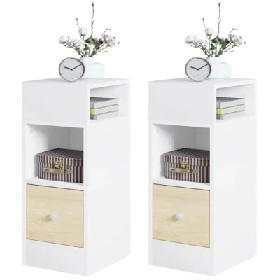 Image of EUGAD Set of 2 Bedside Table,White+Woodlook, Nightstand with Open Compartments and 1 Drawer, Night Table, Space Saving Cabinet for Bedroom, Living Room, Chipboard, 25x30x66cm, 0011CTG