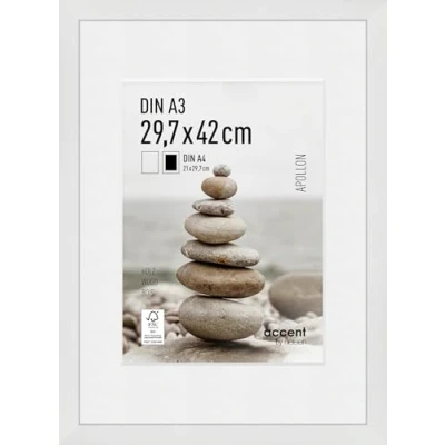 Image of accent by nielsen Apollon Photo Frame White A3 Wooden 29.7x42cm Picture with Mount to fit A4, Protective Float Glass and Push Turn Clips