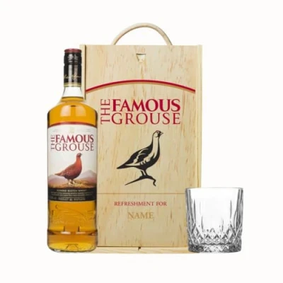 Image of Personalised Famous Grouse Blended Single Malt Whisky 70cl in Wooden Box with Glass (40% ABV)