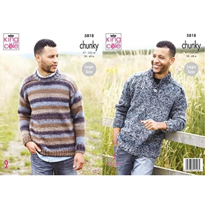 Image of King Cole 5818 Knitting Pattern Mens Round Neck and Placket Sweaters in Autumn Chunky
