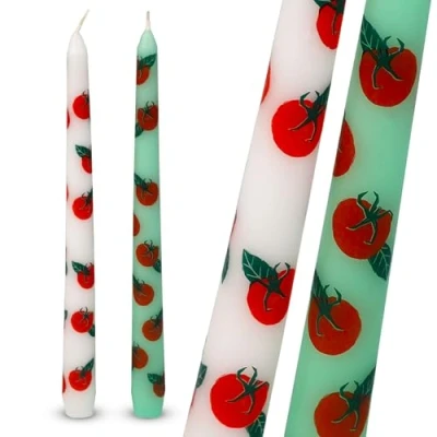 Image of Talking Tables 2 x Tapered Tall Dinner Candles with Tomato Design Made of Wax, Stylish Table Decorations Centrepieces, Summer Decor. Eco Packaging, Unscented, Burn Time 5 Hours, 23cm