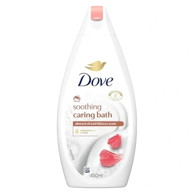 Image of Dove Soothing Caring bath Soak with ¼ moisturising cream, almond cream &amp; hibiscus for an indulgent bubble 450 ml
