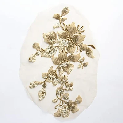 Image of SUNMOVE Embroidery Sequin Lace Applique Sewing Flower Fabric Collar Patch for Wedding Gown Dress Bridal DIY Crafts(Silver Gold)