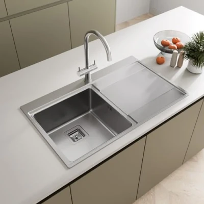 Image of SÄUBER® 860 x 520mm Single Bowl Stainless Steel Kitchen Sink, Inset Drop in Installation, Right Hand Drainer,1.0 Bowls Sinks &amp; Free Basket Strainer Waste
