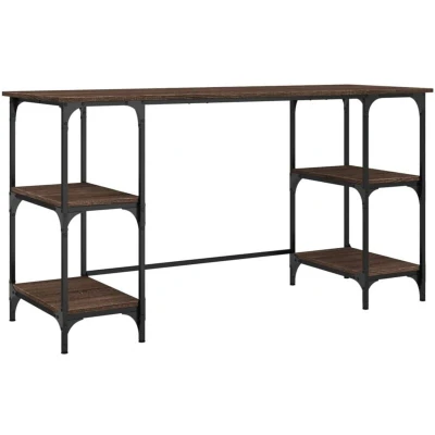 Image of vidaXL Desk Brown Oak 140x50x75cm Metal Frame Engineered Wood Home Office/Living Room Modern Writing/Computer w/Adjustable Shelves