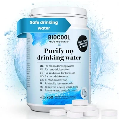 Image of Water Purification Tablets by Biocool 250 Tabs for Clean Drinking in Caravans, Camping, Hiking and Emergencies