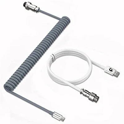 Image of MAMBASNAKE C01 Coiled Keyboard Cable, Pro Custom USB C Aviator Cable for Mechanical Keyboard, Type to A, TPU Spring with Detachable Metal Aviation Connector Gaming Grey/White