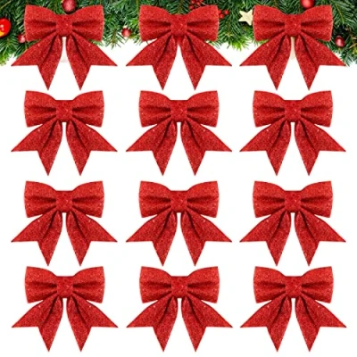 Image of COLOFALLA 12pcs Large Red Bows for Christmas Tree Decorations Glitter Decorative Bow Ornaments (Red)