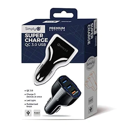 Image of Simply SUSB03 Triple USB QC 3.0 5v/2.1A Super Fast Charge Car Charger with LED Light Indicators for Apple Android and Other Devices