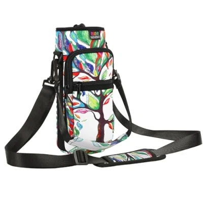 Image of Nuovoware Water Bottle Carrier Bag, 25oz/32oz Pouch Holder, Adjustable Shoulder Hand Strap 2 Pocket Sling Neoprene Sleeve Sports Bag for Men Women Hiking Travelling, Lucky Tree