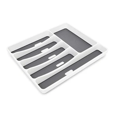 Image of Relaxdays Cutlery Drawer Synthetic With 6 Compartments: 5 x 32.5 40.5 cm Silverware Utensil Storage Rubber Bottom, Anti Slip Organiser, White Grey