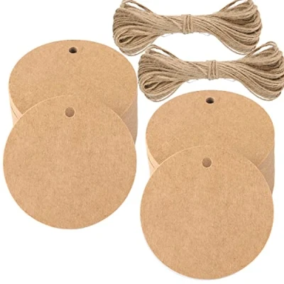 Image of G2PLUS 100PCS Round Gift Tags Black Paper Labels 5.5 CM Blank Hang with Jute Twine, Perfect Tag for Art &amp; Craft Project