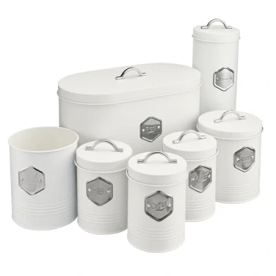 Image of Cooks Professional 7 Piece Storage Canister Set Labelled Containers for Bread Biscuits Pasta Utensils Tea Coffee Sugar Canisters Sets Kitchen Accessories &amp; Essentials White Silver