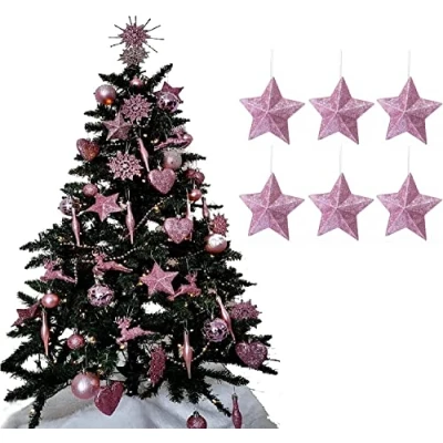 Image of UKDeals Direct Blush Pink Collection Christmas Droplet Baubles Tree Decorations Glitter Matt Icicles (Pack Of 6 3D Star), 22 x 16 2cm