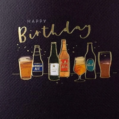 Image of Paperlink Male Artistic &#039;Happy Birthday&#039; Greeting Card &#039;Beers&#039; Illustration With Embossing Detail and Gold Foil Finish From The Vanilla Range