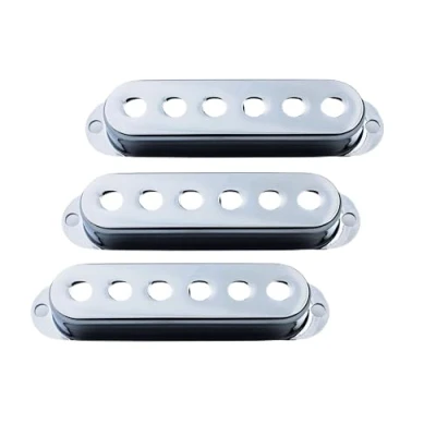 Image of Guyker 3Pcs Single Coil Guitar Pickup Covers (52mm Pole Spacing), Copper Mounting Ring Set Accessories Replacement Part, (PS001, Chrome)