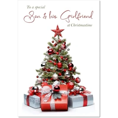 Image of doodlecards Son &amp; Girlfriend Christmas Card Parcels and Tree Medium Size with Plain Envelope