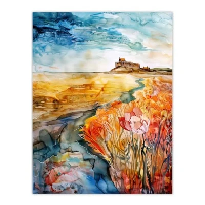 Image of Artery8 Colourful Watercolour Bamburgh Castle View Floral Living Room Large Wall Art Poster Print Thick Paper 18X24 Inch