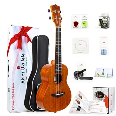 Image of Aklot Concert Ukulele Solid Mahogany Ukelele 23 Inch Ukele Professional Uke With Free Online Course 8 Packs Beginner Starter Kits(Gig Bag Picks Tuner Strap String Cleaning Cloth Instruction Book)
