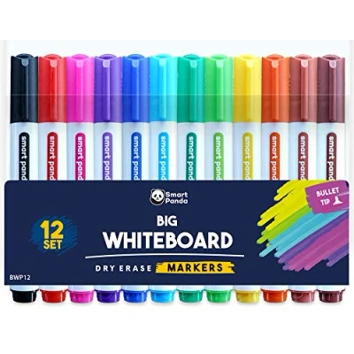 Image of Smart Panda 12 Big Whiteboard Pens Bullet Tip Markers Dry Erase Markers, Perfect for Home, School or Office Set Assorted Colours