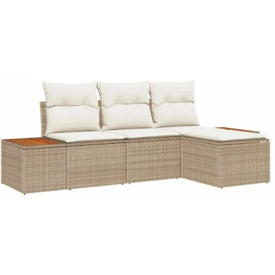 Image of vidaXL 4 Piece Garden Sofa Set with Cushions Beige Poly Rattan Acacia