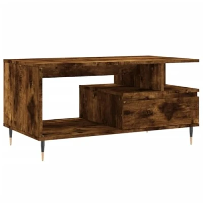 Image of vidaXL Coffee Table Smoked Oak Engineered Wood with Drawer Storage and Metal Legs Perfect for Living Room or Lounge Area