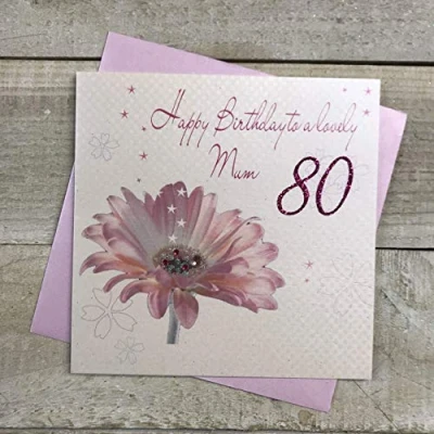 Image of white cotton cards Happy 80th Birthday to a Lovely Mum Handmade Card Pink Gerbera Flower, DS24