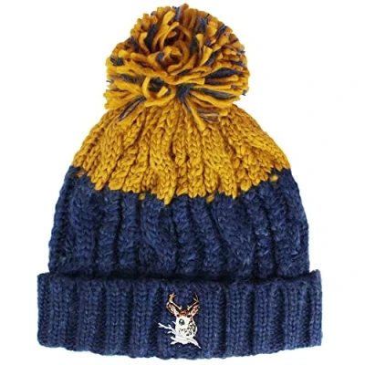 Image of TeddyT&#039;s Adult Unisex Winter Stag Fleece Lined Chunky Cable Knit Bobble Hat (Navy and Mustard)