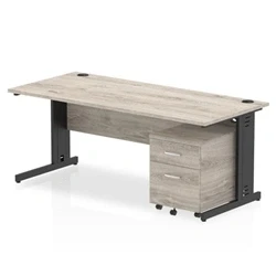 Image of Impulse 1800x800 Desk Grey Oak/Black Cable Managed 2 Drawer Mobile Ped