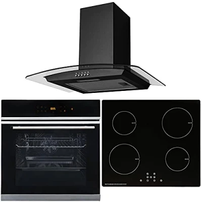 Image of SIA BISO6SS 60cm Black Touch Control 10 Function Single Fan Oven, 4 Zone Induction Hob &amp; Curved Glass Cooker Hood Kitchen Extractor