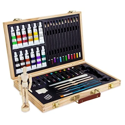 Image of Artina 45pcs Acrylic Art Set Leonardo Beginner Painting with Wooden Case Studio Paints, Jointed Doll, Brushes, Oil Pastels &amp; Colouring Pencils