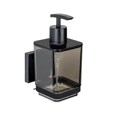 Image of WENKO Vacuum Loc Quadro Soap, Plastic Dispenser 340 ml with Stainless Steel Holder, No Drilling Required, Black, Acrylonitrile Butadiene Styrene (ABS) Polystyrene, 7,5 x 16 10 cm