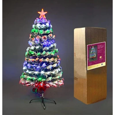 Image of SHATCHI 3Ft/90Cm LED Fibre Optic Christmas Snow Covered Multicolour Green Xmas Tree with Changing Colours Star, 3ft