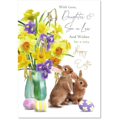 Image of doodlecards Daughter &amp; Son in Law Easter Card Vase of Daffodils with Bunnies and Eggs Medium Size Plain Envelope