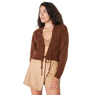 Image of Trendyol Women&#039;s Woman Regular Standard V neck Knitwear Cardigan Sweater, Brown, L UK