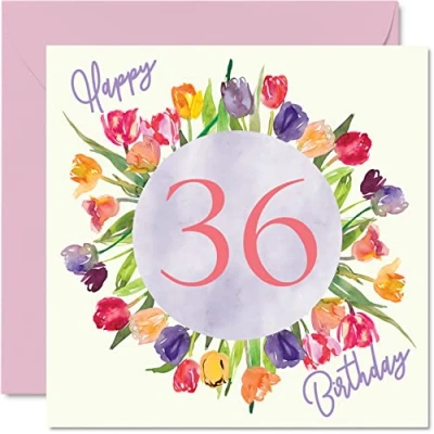 Image of Beautiful 36th Birthday Cards for Women Watercolour Tulips Flowers Bouquet Happy Card Her Daughter Auntie Sister Friend Gifts, 145mm x Lovely Floral Greeting Gift