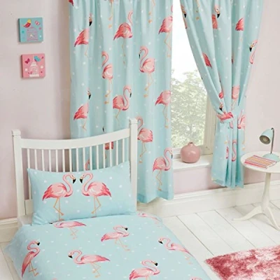 Image of Price Right Home Fifi Flamingo Polka Dot Pink/Blue Kids Bedroom Range Fitted Sheet Sets and Curtains Available (54&quot; Curtains)