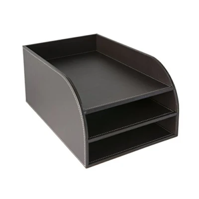 Image of OSCO Brown Faux Leather Three Tier Letter Tray A4 Desk File Organiser Paper Storage Office Document Sorter Paperwork Filing No Assembly Required H17.5 x W25 D37.5 cm
