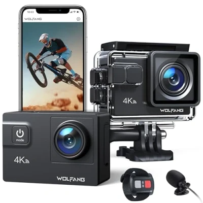 Image of WOLFANG Action Camera 4K 60FPS 24MP GA300, WiFi 8X Zoom EIS Vlogging Camera, 40M Waterproof Underwater for Snorkeling, External Mic, Remote Control and Helmet Accessories Kit Cycling