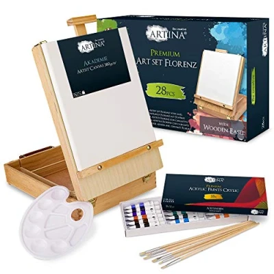 Image of Artina Easel Art Set Florence Acrylic Painting with Table Case 18 Paints 6 Brushes &amp; Canvas Portable Wooden Studio