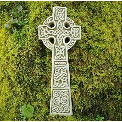 Image of Reconstituted Stone Celtic Cross Plaque Statue Vintage Finish Garden Ornament