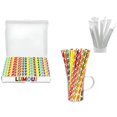 Image of SALARA Paper Straws,150 Pack, Drinking Straws Bio Degradable Wedding Party, Party Straws, Restaurant, Juice (Individual WRAP Polka DOTS 150 Pcs)