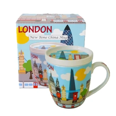 Image of UK London British Skyline Pictures Ceramic Coffee Tea Cup Mug with Lid Home Kitchen Office, Decorative Gift Box England Souvenir