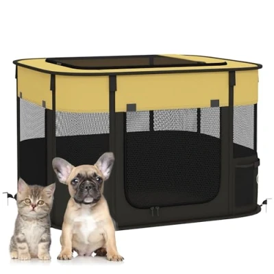 Image of PawHut Dog Pen, Pet Playpen, Portable Foldable Cat Playpen with Storage Bag for Puppies, Rabbits, Kittens, Guinea Pigs, 74 x 60 45cm Yellow