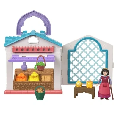 Image of Mattel Disney’s Wish Micro Doll Playset, Dahlia’s Rosas Marketplace Portable Set with Dahlia Doll, Star Figure &amp; 9 Accessories, Travel Toys, HRH74